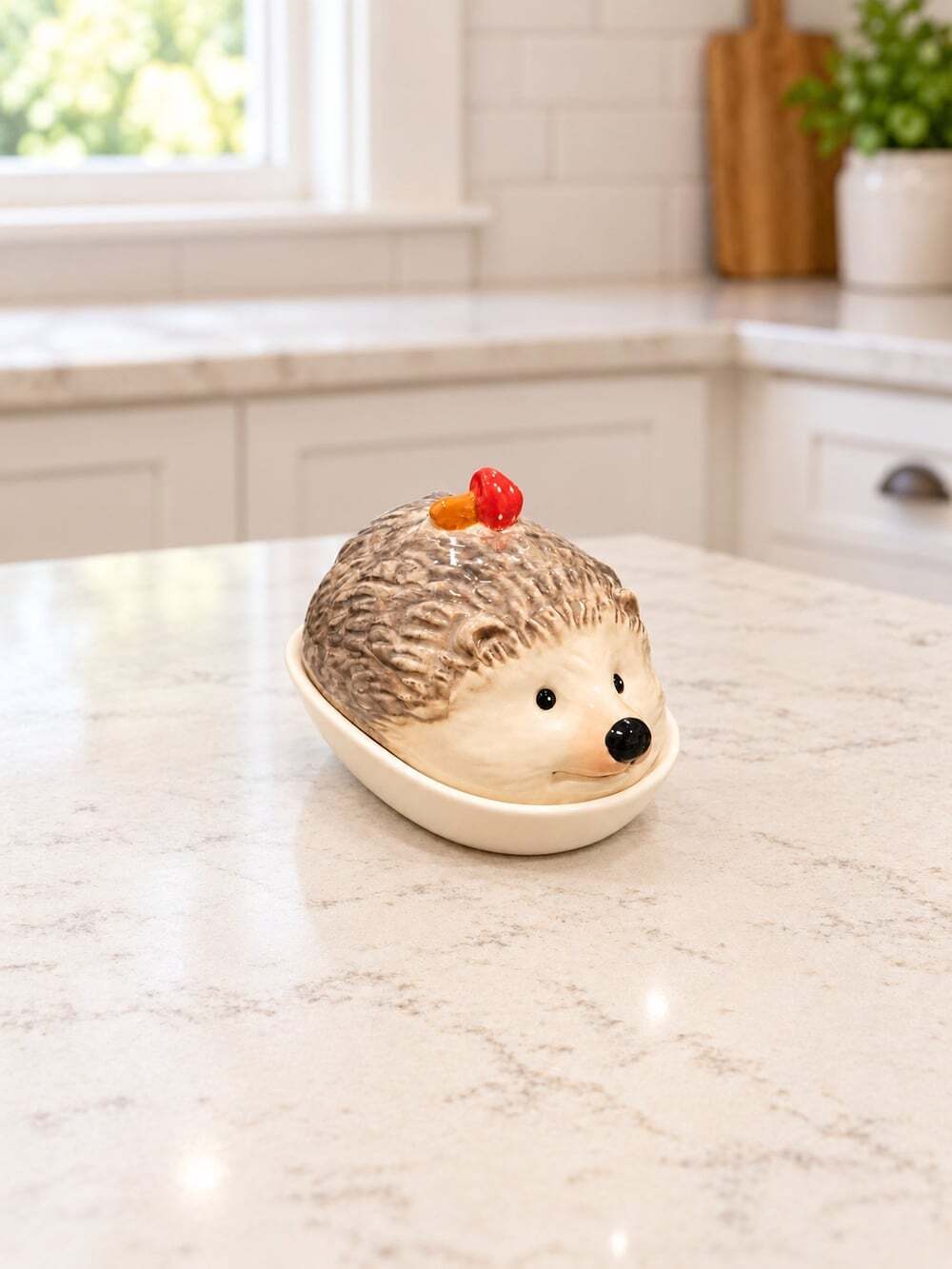 New Ceramic Funny Boy Hedgehog W/ Red Mushroom Kitchen Butter Dish
